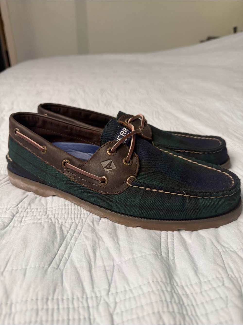 Sperry Green and Blue Plaid Leather-Trim Boat Shoes‎